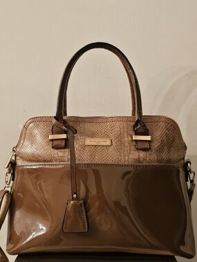 Brown Two-Tone Patent & Textured Satchel Handbag